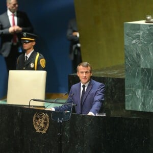 Le président de la République française Emmanuel Macron pendant son discours, le premier jour de la 74ème assemblée générale de l'organisation des Nations-Unis (ONU) à New York City, New York, Etats-Unis, le 24 septembre 2019. © Morgan Dessalles/Bestimage