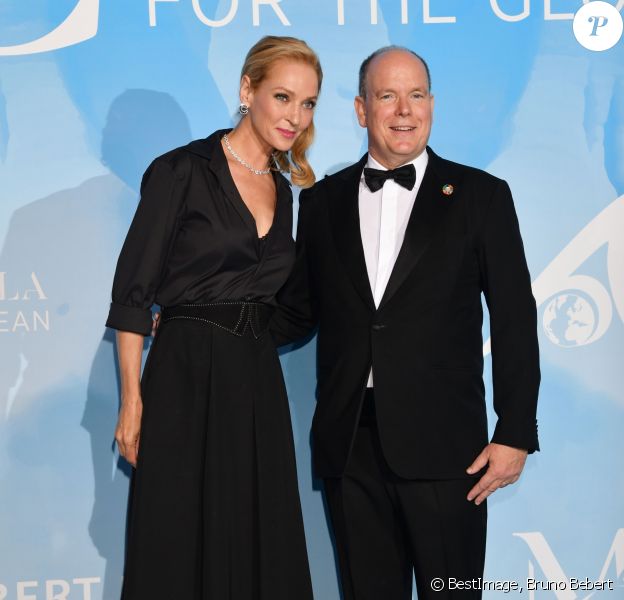 Uma Thurman et le prince Albert II de Monaco assistent au "Monte Carlo Gala for the Global Ocean" sur les terrasses de l'opéra de Monte-Carlo le 26 septembre 2019. © Bruno Bebert / Bestimage