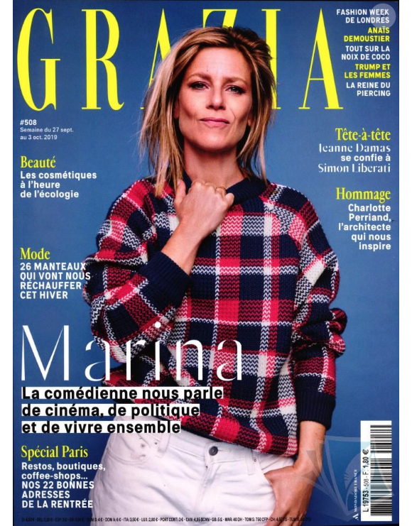 Retrouvez l'intégralité de l'interview de Marina Foïs dans le magazine Grazia, numéro 508 du 27 septembre 2019.