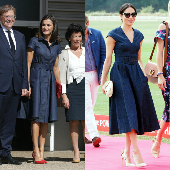 Letizia d'Espagne et Meghan Markle en robes en jean Carolina Herrera, le 25 septembre 2019 pour l'épouse du roi Felipe VI et le 26 juillet 2018 pour l'épouse du prince Harry.