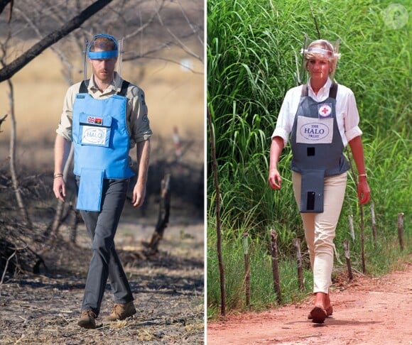 Le prince Harry, duc de Sussex, à l'instar de sa mère Lady Di en 1997, visite un champ de mines anti-personnelles à Dirico, dont l'élimination est entreprise par l'association Halo Trust (l'association qui enlève les débris laissés par la guerre, en particulier les mines terrestres). Angola, le 26 septembre 2019.