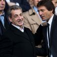 Nicolas Sarkozy et Leonardo (directeur sportif du PSG) dans les tribunes lors du match de Ligue 1 "PSG - Angers (4-0)" au Parc des Princes à Paris, le 5 octobre 2019. © Cyril Moreau/Bestimage