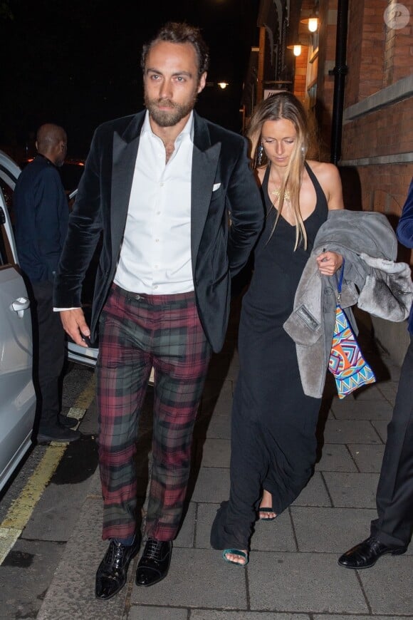 James Middleton et sa compagne Alizee Thevenet - Exclusif - Prix spécial - No web - Les célébrités arrivent au diner après avoir assisté au mariage de Lady G. Windsor et T. Kingston dans la chapelle Saint-Georges du château de Windsor, le 19 mai 2019.