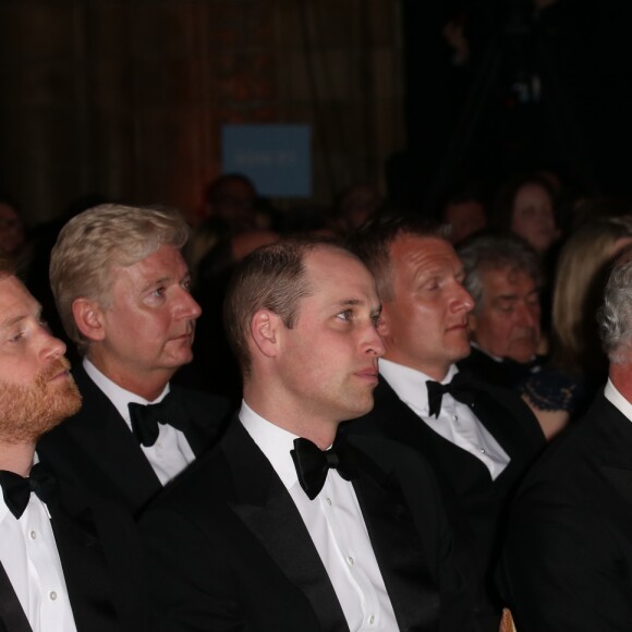 Le prince William et le prince Harry avec leur père le prince Charles et Sir David Attenborough à la première de la série Netflix "Our Planet" au Musée d'Histoire naturelle à Londres le 4 avril 2019.