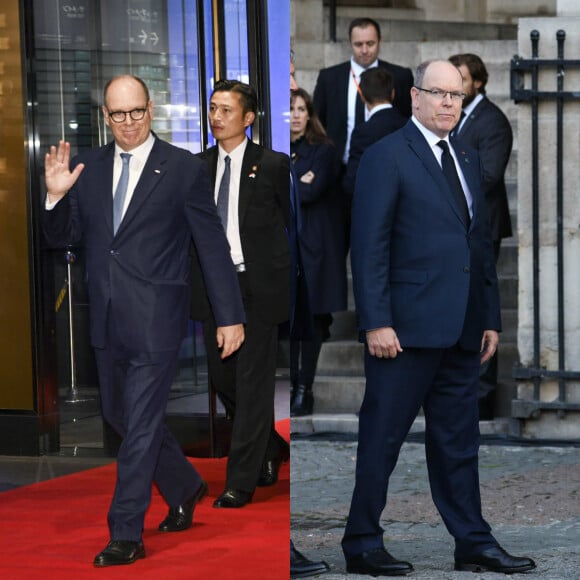 Le prince Albert au Japon, le 23 octobre 2019, avec ses nouvelles lunettes (à gauche), et à Paris pour les obsèques de Jacques Chirac le 30 septembre 2019.