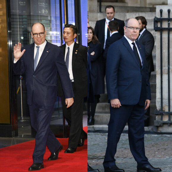 Le prince Albert au Japon, le 23 octobre 2019, avec ses nouvelles lunettes (à gauche), et à Paris pour les obsèques de Jacques Chirac le 30 septembre 2019.