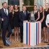 Bernard Giudicelli, Julien Benneteau, Pauline Parmentier, Caroline Garcia, Emmanuel Macron, Alize Cornet, Fiona Ferro, Kristina Mladenovic et Roxana Maracineanu - Le Président de la république française Emmanuel Macron recoit l'équipe de France féminine de tennis victorieuse de la Fed Cup au palais de l'Elysée, Paris, France le 12 novembre 2019. © Jacques Witt/pool/Bestimage