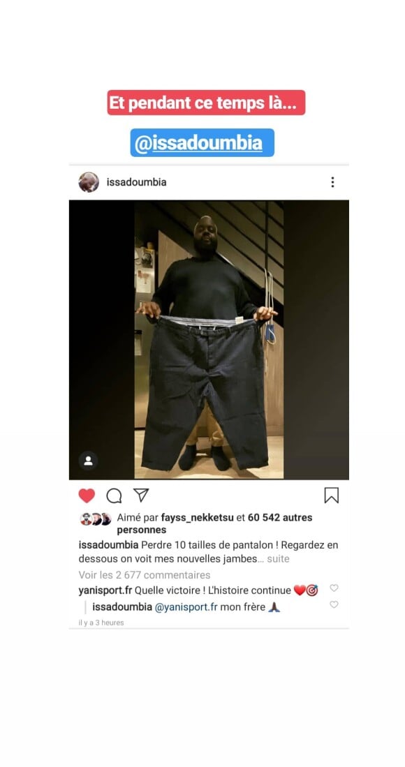 Issa Doumbia est désormais aminci de 10 tailles de pantalon. Son coach sportif, Yanisport, l'en a félicité sur les réseaux sociaux, le 19 novembre 2019.