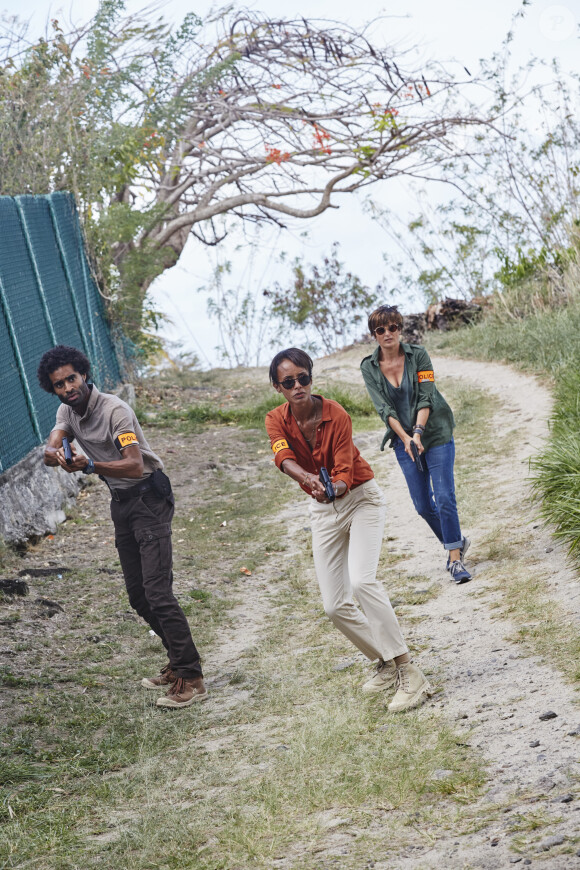 Exclusif - Julien Beramis, Béatrice De la Boulaye et Sonia Rolland en mai 2019 sur le tournage de la série "Tropiques criminels" en Martinique, dont la diffusion a débuté le 22 novembre sur France 2. © Sylvie Castioni / Bestimage