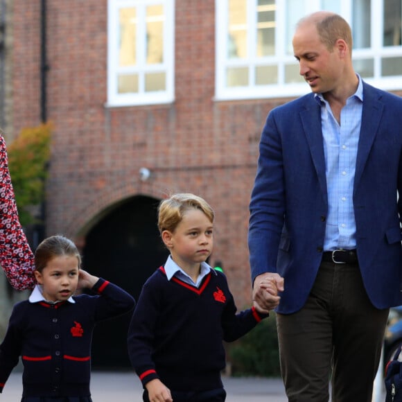 Le prince William, duc de Cambridge, et Catherine (Kate) Middleton, duchesse de Cambridge, accompagnent le prince George et la princesse Charlotte pour leur rentrée scolaire à l'école Thomas's Battersea à Londres, Royaume Uni, le 5 septembre 2019.