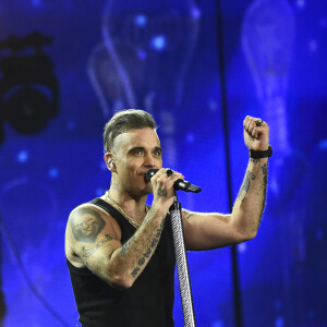 Robbie Williams en concert lors du festival "British Summer Time Hyde Park" à Londres, le 14 juillet 2019.