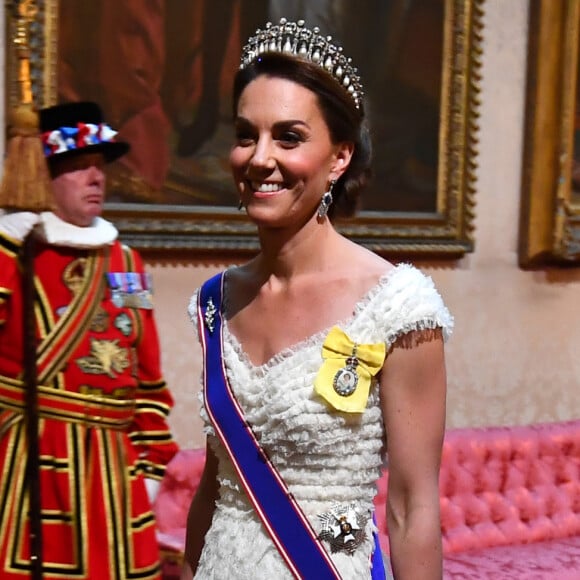 Kate Middleton, duchesse de Cambridge et le Secrétaire du Trésor des Etats-Unis, Stephen Mnuchin - Donald Trump reçu par la reine Elisabeth II d'Angleterre lors d'un dîner d'Etat à Buckingham Palace, à Londres. Ce banquet fut organisé dans le cadre d'une visite de trois jours dans la capitale britannique du président américain. Le 3 juin 2019.