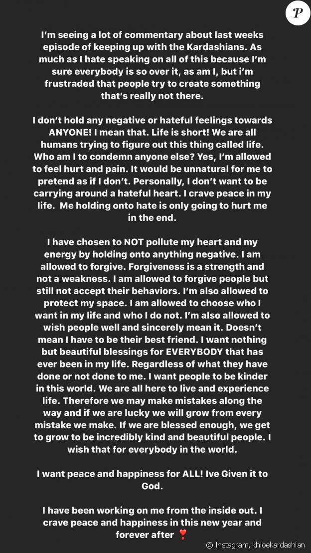 Khloé Kardashian publie un message à l'intention de ceux qui l'ont blessée, le 5 décembre 2019.
