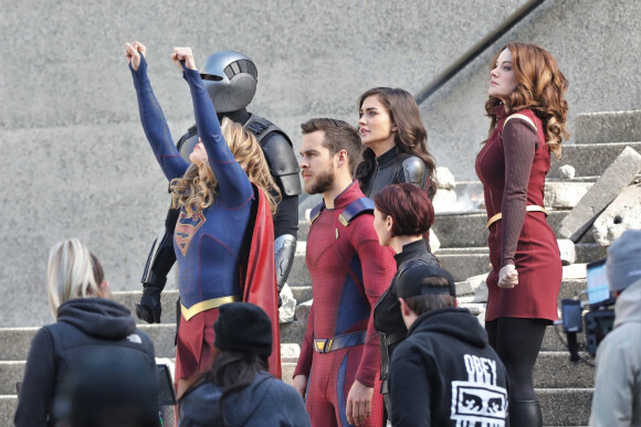 Melissa Benoist, Chris Wood, Erica Durance, Amy Jackson, Chyler Leigh - Tournage de la saison 3 de la série "Supergirl" à Vancouver au Canada le 2 mai 2018.
