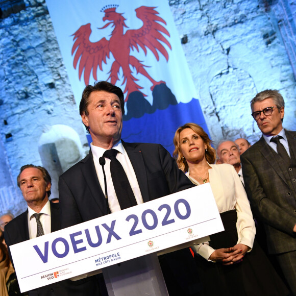 Renaud Muselier (Président de la Région Provence-Alpes-Côte d'Azur, Président de Régions de France), Christian Estrosi (Maire de Nice), sa femme Laura Tenoudji Estrosi et Bernard Gonzales (Préfet des Alpes Maritimes) durant les voeux de la Ville de Nice, de la Métropole Nice Côte d'Azur, du CCAS de la Ville de Nice et de la Région Provence-Alpes-Côte d'Azur à Nice le 6 janvier 2020 dans l'ancienne église des Franciscains, joyau du patrimoine niçois, récemment réhabilitée. © Bruno Bebert/Bestimage