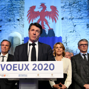 Renaud Muselier (Président de la Région Provence-Alpes-Côte d'Azur, Président de Régions de France), Christian Estrosi (Maire de Nice), sa femme Laura Tenoudji Estrosi et Bernard Gonzales (Préfet des Alpes Maritimes) durant les voeux de la Ville de Nice, de la Métropole Nice Côte d'Azur, du CCAS de la Ville de Nice et de la Région Provence-Alpes-Côte d'Azur à Nice le 6 janvier 2020 dans l'ancienne église des Franciscains, joyau du patrimoine niçois, récemment réhabilitée. © Bruno Bebert/Bestimage