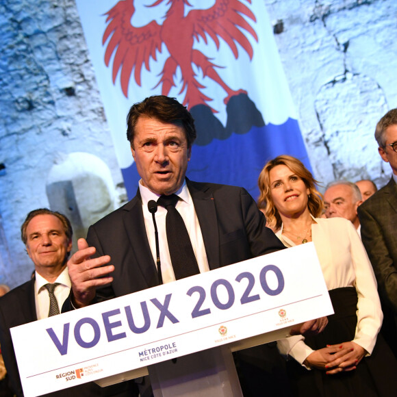 Renaud Muselier (Président de la Région Provence-Alpes-Côte d'Azur, Président de Régions de France), Christian Estrosi (Maire de Nice), et sa femme Laura Tenoudji Estrosi durant les voeux de la Ville de Nice, de la Métropole Nice Côte d'Azur, du CCAS de la Ville de Nice et de la Région Provence-Alpes-Côte d'Azur à Nice le 6 janvier 2020 dans l'ancienne église des Franciscains, joyau du patrimoine niçois, récemment réhabilitée. © Bruno Bebert/Bestimage