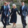 Le prince Harry, duc de Sussex, Peter Phillips et Autumn Phillips arrivent pour assister à la messe de Pâques à la chapelle Saint-Georges du château de Windsor, le 21 avril 2119.