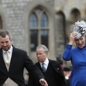 Autumn Phillips et son mari Peter Phillips, Mike Tindall et sa femme Zara Tindall (Zara Phillips) - Sorties après la cérémonie de mariage de la princesse Eugenie d'York et Jack Brooksbank en la chapelle Saint-George au château de Windsor le 12 octobre 2018.