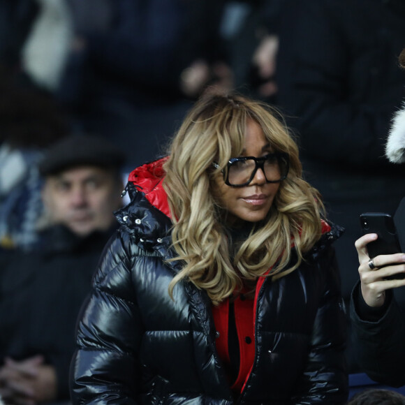 Cathy Guetta, son fils Tim Elvis - People dans les tribunes du match de football PSG - Guingamp (9-0) au Parc des Princes à Paris le 19 janvier 2019.