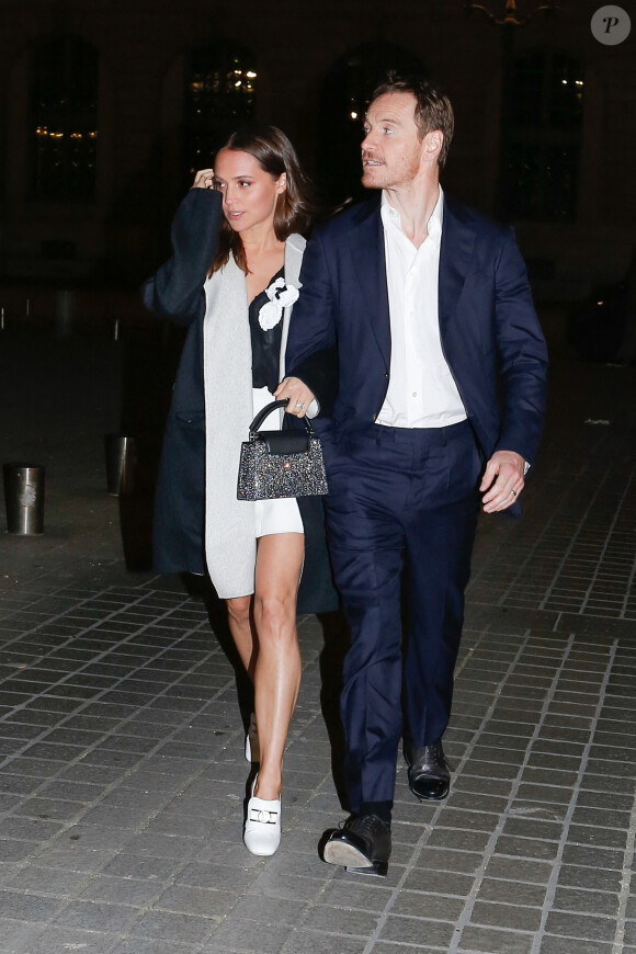 Alicia Vikander (wearing head to toe Louis Vuitton look) and Michael Fassbender seen larriving and leaving the Louis Vuitton dinner during Haute Couture Week Spring Summer 2020 together after they arrived separately to the venue. Paris, France, January 21, 2020. Photo by Spread Pictures/ABACAPRESS.COM 