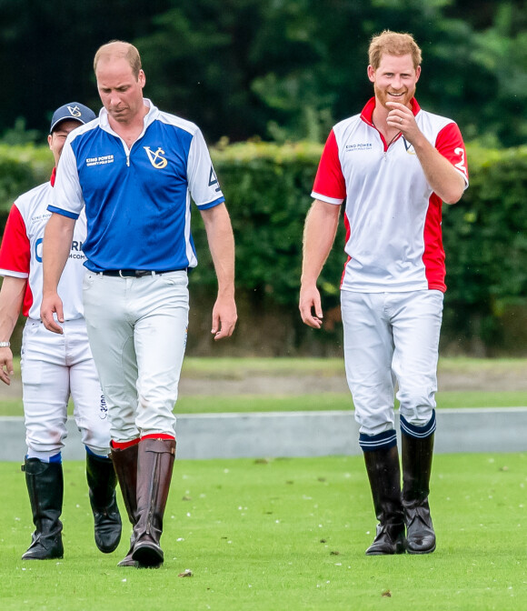 Le prince William, duc de Cambridge et son frère le prince Harry, duc de Sussex lors d'un match de polo de bienfaisance King Power Royal Charity Polo Day à Wokinghan, comté de Berkshire, Royaume Uni, le 10 juillet 2019.