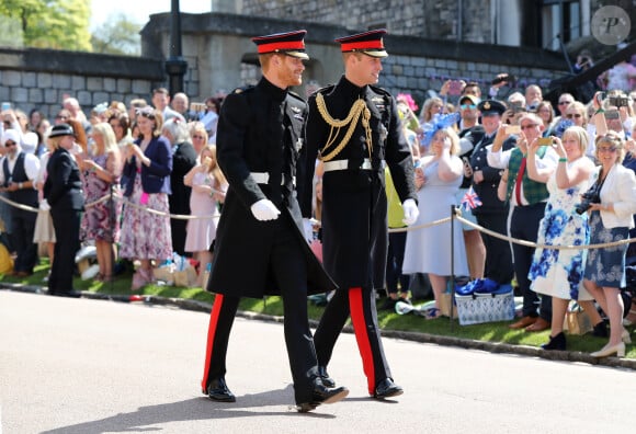 Les princes Harry et William arrivent à la chapelle St. George au château de Windsor - Mariage du prince Harry et de Meghan Markle au château de Windsor, Royaume Uni, le 19 mai 2018.