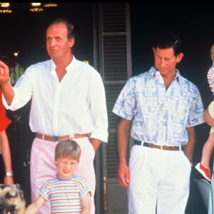 Le prince Charles et Diana, leurs enfants Harry et William, avec le roi Juan Carlos et la reine Sophia d'Espagne à Palma de Majorque en 1986.