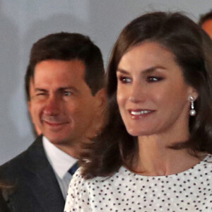 La reine Letizia d'Espagne arrive à la paroisse Notre-Dame de l'Assomption à Almonte, où se trouve l'image de la Vierge d'El Rocio, le 14 février 2020.