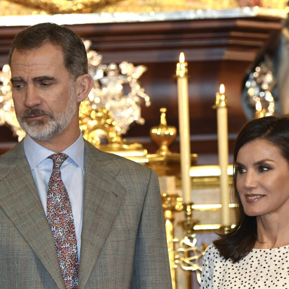 Le roi Felipe VI d'Espagne, La reine Letizia d'Espagne- Visite à la paroisse de Nuestra Senora de la Asuncion, à l'occasion de la célébration Mariano of the Rocio Jubilee, le 14 février 2020 à Almonte, Espagne.
