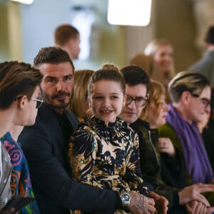 David Beckham et ses enfants Romeo, Cruz et Harper assistent au défilé Victoria Beckham (collection automne-hiver 2020-2021) à la Banqueting House. Londres, le 16 février 2020.