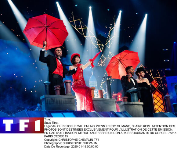 Christophe Willem, Nolwenn Leroy, Slimane et Claire Keim. Photo officielle du concert des Enfoirés 2020 "Le Pari(s) des Enfoirés" à l'AccorHotels Arena à Paris. Il sera diffusé sur TF1 le 6 mars 2020.
