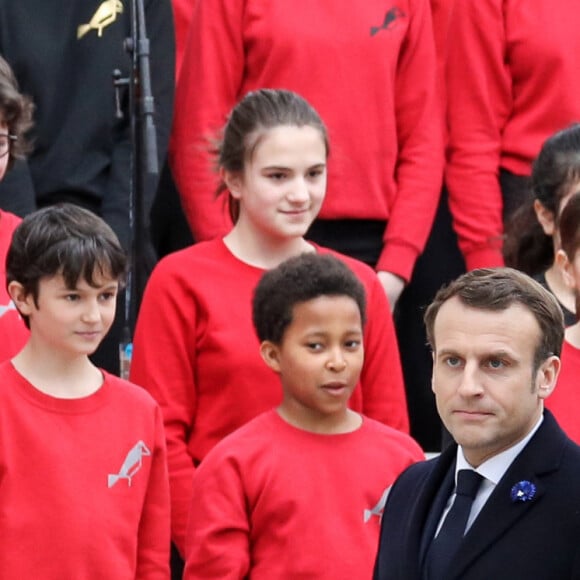 Le président Emmanuel Macron, le roi Felipe VI d'Espagne lors de la cérémonie à l'occasion de la première journée nationale d'hommage aux victimes du terrorisme sur l'Esplanade du Trocadero à Paris le 11 mars 2020. © Stéphane Lemouton / Bestimage