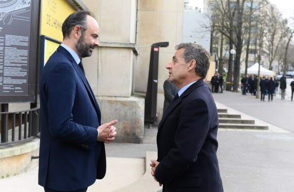 Le premier ministre Edouard Philippe, Nicolas Sarkozy lors de la cérémonie à l'occasion de la première journée nationale d'hommage aux victimes du terrorisme sur l'Esplanade du Trocadero à Paris le 11 mars 2020. © Jacques Witt / Pool / Bestimage
