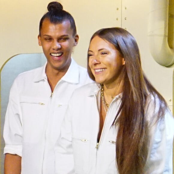 Le chanteur Stromae, sa femme Coralie Barbier et son frère Luc Junior Tam sont venus présenter au Bon Marché la 5 ème collection de vêtements de leur marque Moseart .Paris le 6 avril 2018.