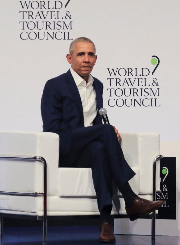 L'ancien président Barack Obama participe au forum "Wolrd Travel and Tourism Council 2019 " à Séville le 3 avril 2019.