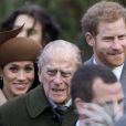 Le prince Philip, duc d'Edimbourg, le prince Harry et sa fiancée Meghan Markle - La famille royale d'Angleterre arrive à la messe de Noël à l'église Sainte-Marie-Madeleine à Sandringham, le 25 décembre 2017.