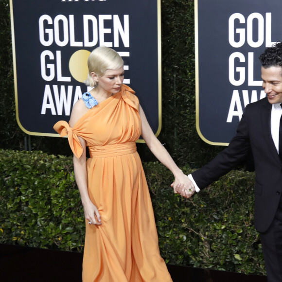 Michelle Williams, enceinte et son compagnon Thomas Kail - Photocall de la 77ème cérémonie annuelle des Golden Globe Awards au Beverly Hilton Hotel à Los Angeles, le 5 janvier 2020.