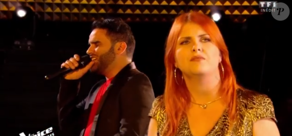 Sarah et Faiz lors des battles de "The Voice 2020" - Talents de l'équipe de Amel Bent. Émission du samedi 28 mars 2020, TF1
