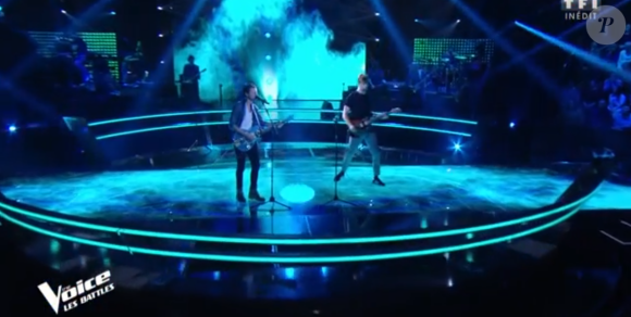 Antoine et Tristan lors des battles de "The Voice 2020" - Talents de Pascal Obispo. Emission du samedi 28 mars 2020, TF1