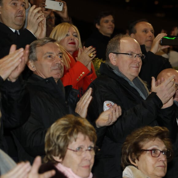 Exclusif - Didier Gamerdinger (Ministre des Affaires Sociales et de la Santé à Monaco), le prince Albert II de Monaco, Franck Nicolas (Président du Skating Club de Monaco) - Soirée de gala du championnat de patinage artistique à la patinoire du Port Hercule à Monaco le 29 février 2020. © Claudia Albuquerque/Bestimage