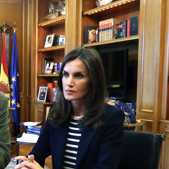 Le roi Felipe VI et la reine Letizia d'Espagne en visioconférence au Palais de la Zarzuela à Madrid, le 27 mars 2020.