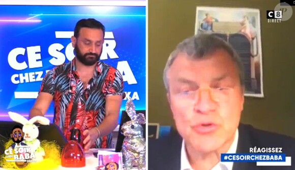 Cyril Hanouna avec le président de la SPA et le ministre de l'Agriculture dans "Ce soir chez Baba", le 14 avril 2020 sur C8