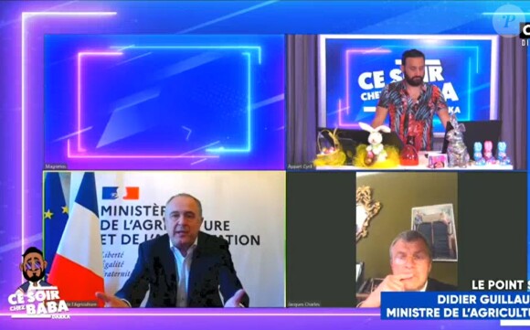 Cyril Hanouna avec le président de la SPA et le ministre de l'Agriculture dans "Ce soir chez Baba", le 14 avril 2020 sur C8