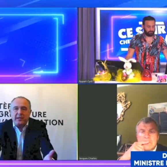 Cyril Hanouna avec le président de la SPA et le ministre de l'Agriculture dans "Ce soir chez Baba", le 14 avril 2020 sur C8