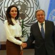 Angelina Jolie rencontre le secrétaire général des Nations unies portugais Antonio Guterres au siège des Nations Unies à New York, le 14 septembre 2017
