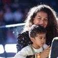 Exclusif - Noura El Shwekh, la femme de Jo-Wilfried Tsonga et leur fils Sugar dans les tribunes du tournoi de tennis Rolex Paris Masters à l'AccorHotels Arena à Paris le 31 octobre 2019.