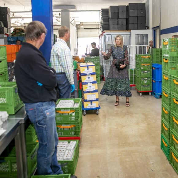 La reine Maxima des Pays-Bas visite le centre de distribution de la banque d'aide alimentaire de Delft le 19 mai 2020.