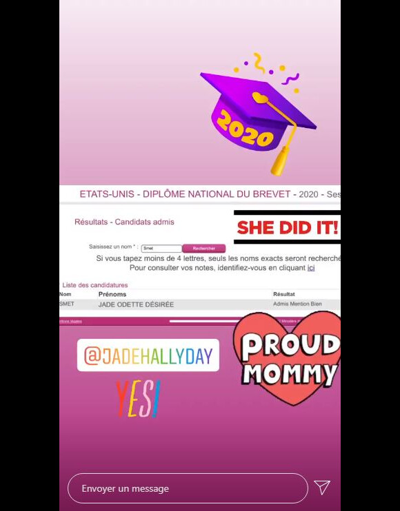 Laeticia Hallyday fière d'annoncer, le 20 juin 2020 sur Instagram, que sa filel Jade a décroché son brevet des collèges avec la mention bien.