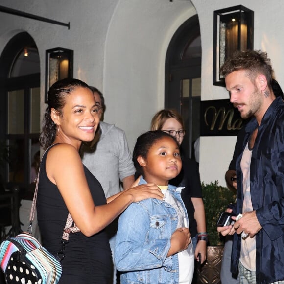 Christina Milian, enceinte, son compagnon Matt Pokora et sa fille Violet Madison sont allés dîner dans le restaurant Madeo à Beverly Hills, le 8 août 2019. Veuillez flouter le visage des enfants avant publication.  Pregnant Christina Milian shows off her growing baby bump in a black dress as she steps out after dinner at Madeo in Beverly Hills with her daughter Violet and boyfriend Matt Pokora on August 8th, 2019. Please hide children face prior publication.08/08/2019 - Los Angeles